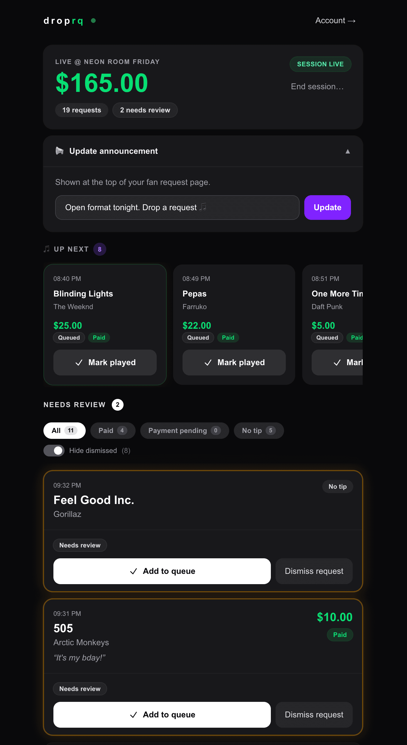 DJ live session dashboard showing earnings, requests, and queue